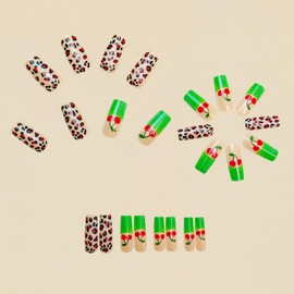 Square Press on Nails Long Fake Nails Green French Tip Glue ons Nails with Leopard Print Design Acrylic Nails Fall Cherry False Nails 24Pcs Summer Nails Stick on Nails for Women Manicure