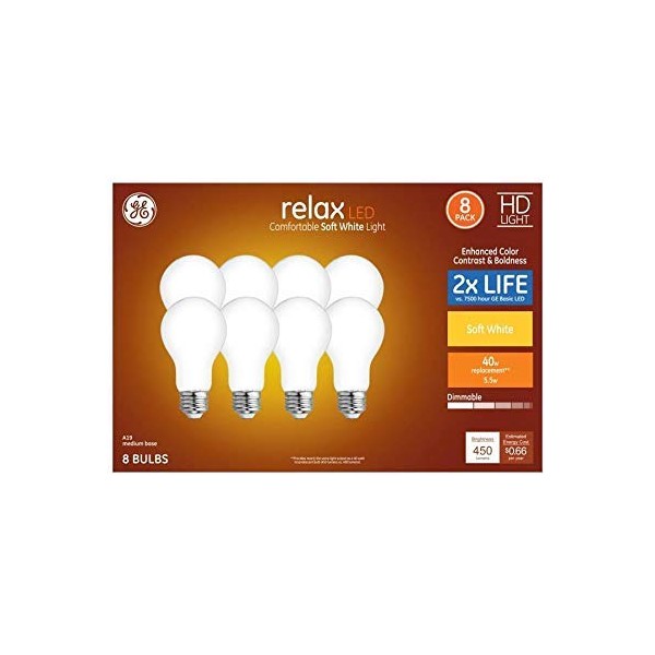 GE Relax 8-Pack 40 W Equivalent Dimmable Warm White A19 LED Light Fixture Light Bulbs 44898