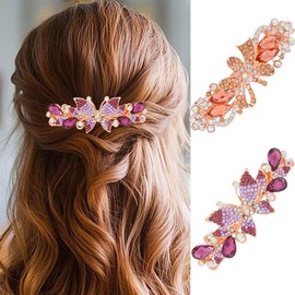 EASEDAILY Crystal French Hair Barrettes Gold Rhinestone Hair Clips Sparkly Butterfly Bow Hair Accessories for Women (Pack of 2) (Purple and Champagne)