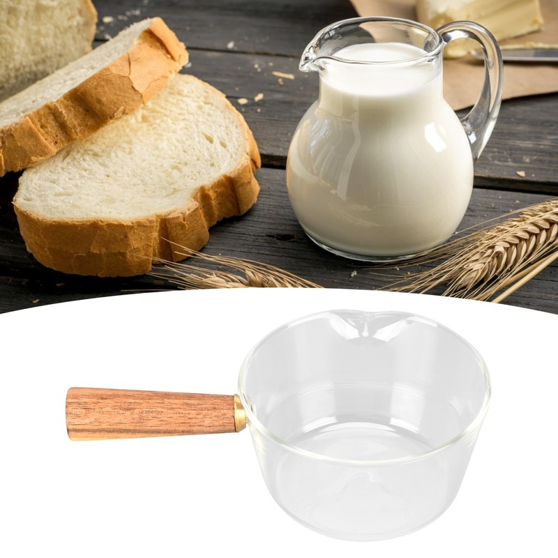 Glass Milk Pot with Wooden Handle V Shaped Spout Noodles