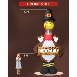 12FT Giant Blow Up Thanksgiving Inflatable Turkey Outdoor Decorations with LED Lighted，Metal Floor Insert，Autumn Pilgrim Hat Feature - Perfect for Festive Home Display, Yard, Lawn & Garden Decor