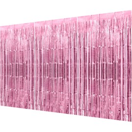 Party Backdrop Foil Fringe Curtain 9ft (3pc of 3ft Wide) 6ft Long Shiny Birthday Party Decoration Door Streamers Photo Backdrop Backround Garland (Pink)