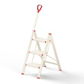 ASPERALD Step Ladder with Single-Handrail,Foldable Step Stool with Anti-Slip Wide Pedals for Home Kitchen Closet,Lightweight 3 Step Folding White