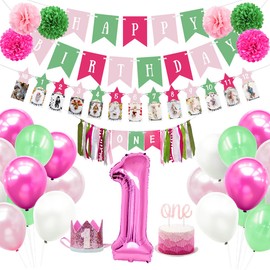 Tenshun 1st Birthday Girl Decorations First Birthday Decorations for Girl One Year Birthday Decorations Girl with Happy Birthday Banner 1st Birthday High Chair Banner 12 Monthly Photo Banner