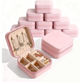 12PCS Mini Organizadora de Joyero de Viaje,10x10x5cm Organizador de Joyas Portátil,Organizador de Joyeria Impermeable de Cuero,Portátil Alhajeros de PU para Anillos,Pendientes,Collares(Rosa)
