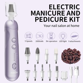 Professional Manicure Pedicure Kit, Cordless Electric Nail File Set, Rechargeable Pedicure Tools for feet, 5 Speeds Hand Foot Care Nail Drill for Thick Nail Toenail Cuticle Women Men Baby Pets-Purple