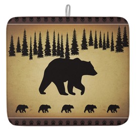 Debedcor Bear Dish Drying Mat for Kitchen Counter, Pine Tree Forest Cabin Microfiber Rack Pads, Black Animal Farmhouse Absorbent Dish Bottle Drying Mat, 16 Inch x 18 Inch