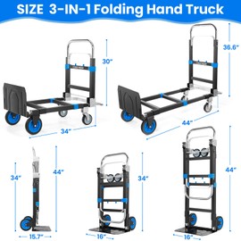 3-in-1 Convertible Heavy Duty Folding Hand Truck, 600LBS Dolly Cart