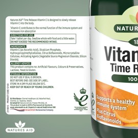 Natures Aid Vitamin C 1000mg Time Release - High Strength with Bioflavonoids - Supports Immunity, Bones & Heart - Antioxidant - Vegan, Gluten-Free, Non-GMO Supplement – 180 Tablets