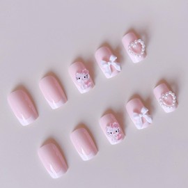 French Tip Press on Nails Short Cute Pink Nail Art Cartoon with Pearl Heart Bow Design, White French Nails Press ons False Nails Fashion Fingernails 24pcs