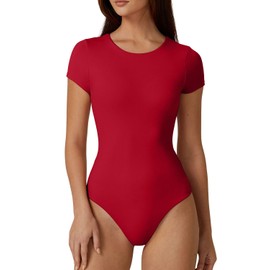 QINSEN Short Sleeve Body Suit for Women Round Neck Summer Going Out Bodysuit Tops Fiery Red S