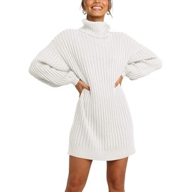 ANRABESS Women Oversized Sweater Dress Turtleneck Batwing Long Sleeve Ribbed Knit Loose 2025 Fall Winter Casual Short Dress White a240bai-M