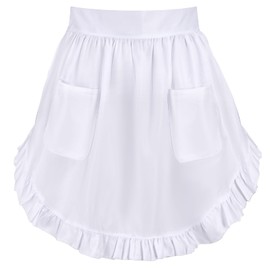 hoyuwak Women's Vintage Half Apron with Pockets - White Apron for Waitress, Maid, Cooking, Baking & Serving - Adjustable Ties, Ruffled Design, Machine Washable