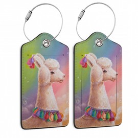 Cute LlamLuggage Tag,Alpaca Rainbow Luggage Tags of Set 2 Leather Identifiers Privacy Cover with Stainless Steel Loop for Women Men Travel Bag Suitcase