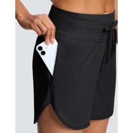 ISEEGZ Women's 5" High Waisted Tummy Control Swim Board Shorts Quick Dry Swimming Shorts for Women with Liner Pockets Black