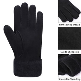 Harssidanzar Men's Leather Gloves, Winter Cold Weather Shearling Shearling Heated Warm Furry Gauntlets Gloves KM041EU, black
