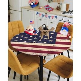 jdudh Round Fitted Tablecloth with Elastic Edge 36"-44",Vintage American Flag Waterproof Oil-Proof Table Cover Tablecloths for Indoor Outdoor Party Picnic Banquet,Independence Day Stars Stripes