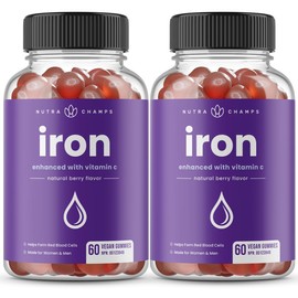 NutraChamps (2 Pack) Iron Gummies with Vitamin C | 10mg Iron Per Gummy | Iron Supplements for Women & Men | 120 Vegan Gummies | Blood Cell Formation Support | Energy, Focus, Immune Support | Vegan & Non-GMO