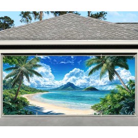 Tropical Hawaiian Beach Garage Door Cover Banner Decorations, Luau Summer Sea Outdoor Car Garage Door Murals Buddy Decorations Extra Large 16 X 7 Ft