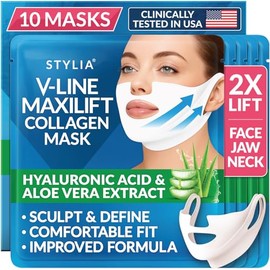 Stylia Mascarilla facial de colágeno MaxiLift V-Line Lifting - Doble mentón - Reductor de mandíbula - Mascarilla reafirmante y tensora de cuello con ácido hialurónico y aloe vera - Mentonera para dorm