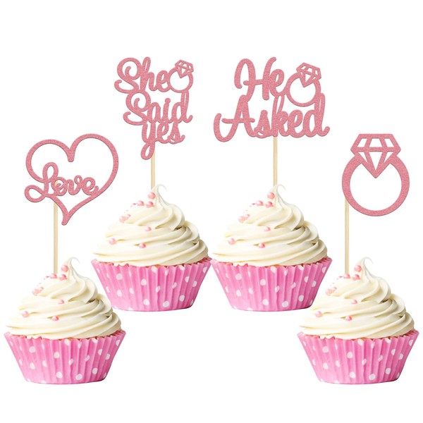 Gyufise Paquete de 24 adornos para cupcakes, diseño de corazón con purpurina rosa claro, para boda, compromiso, despedida de soltera, fiesta, decoración de tartas, suministros