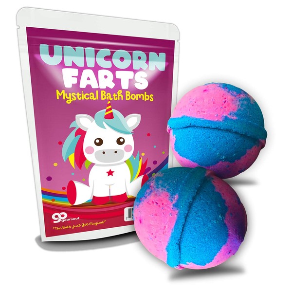 Bombas de baño con diseño de unicornio, diseño de unicornio arco iris, diversión XL, novedad para niñas, azul y rosa, fragancia de algodón de caramelo, 2 unidades
