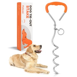 Petbobi Dog Tie Out Stake - 16″ Heavy Duty Dog Anchor for Yard Camping, 9mm Solid Steel, Soft Grip Handle Spiral Stake with No Tangle Connect Ring for Small to Large Pets Up to 120lbs, Orange