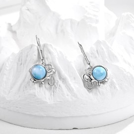 Larimar Gemstone Elephant Leverback Earrings for Women Hypoallergenic Jewelry White Gold Plated Blue Dangle Earings