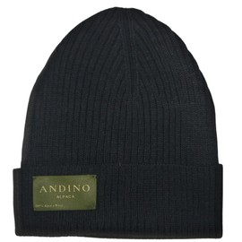 ANDINO ALPACA - 100% Baby Alpaca Wool Beanie Hat Black - Lightweight, Fine Knitting - Classic, Ribbed Cuffed, Fall/Winter, Unisex - Adult One Size Fits All