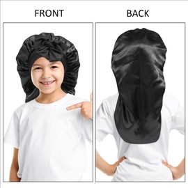 AWAYTR Long Toddler Silk Bonnet for Sleeping Elastic Satin Bonnets for Curly Hair Braid Night Cap for Aged 3-12 Kids (Black)