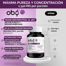 Oby Resveratrol Puro 60 Cápsulas | 1300 mg de Antioxidantes: Trans-Resveratrol 98%, Semilla de Uva Roja, Arándano, Pimienta Negra y Vitamina C | 100% Vegano