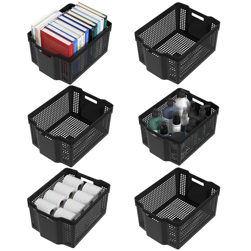 Yesdate Stackable Woven Plastic Storage Baskets, 6 Pack Container Tote