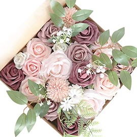Caja combinada de flores artificiales, hoja de flor de color degradado con tallos para ramos de boda, centros de mesa de despedida de soltera para bebé, decoración de mesa para el hogar (Rosa claro)
