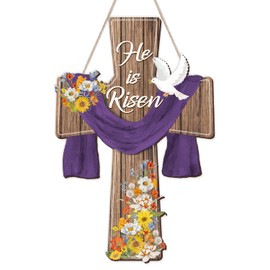 Arosche Arosche Easter Decorations Hanging Door Sign Wreath Religious Cross He Is Risen Flowers Lily Wooden Door Sign Welcome Seasonal Happy Easter Wreath Sign for Easter Tree, Door, Wall, Party Supplies