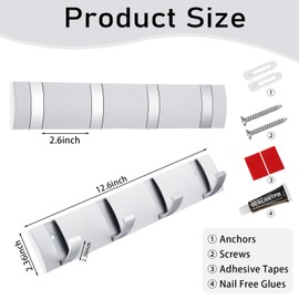 Wesiti 2 Pack White Wall Mounted Coat Rack Folding Aluminum Coat Rack with 4 Retractable Hooks for Space Saving Wall Hook Hangers Entryway Bathroom Livingroom Bedroom Hat