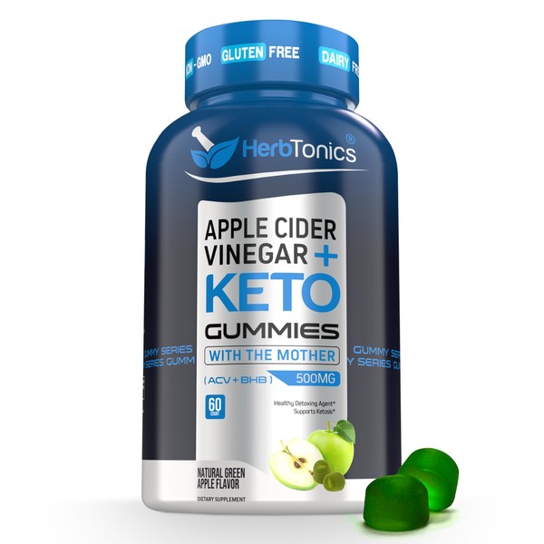 Herbtonics Keto Apple Cider Vinegar Gummies - Digestion & Detox Support - Sugar Free Keto BHB Advanced Formula for Metabolism Boost - Raw ACV with The Mother - 60 Apple Flavor Gummies