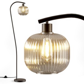 Uyeemnt Gold Arc Floor Lamp for Living Room, Modern Standing Lamp with Green Ribbed Glass Lampshade, 67” Tall Lamp for Bedroom Study Room Office (2700K Bulb Included) (Black & Grey)