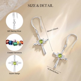 FANCIME Peridot Cross Dangle Drop Earrings 925 Sterling Silver Dainty Round August Birthstone Earring Fine Jewelry Birthday Gifts for Her Women