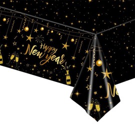Happy New Year Table Cloth, New Years Eve Decorations Table Cloth, New Years Eve Table Decorations Disposable Plastic Table Covers Black Gold Tablecloth 2025 New Year's Eve Party Supplies (274*137cm)