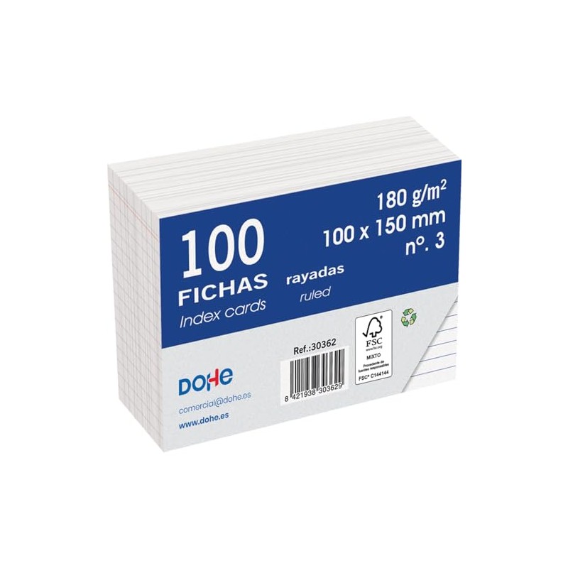 Dohe 100 x A6 (15x10cm) 180g Ruled Card Index Cards