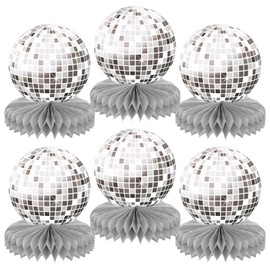 CIGTSICO 6 Pcs Disco Themed Honeycomb Centerpiece, 70s Party Glitter Silver Paper Table Decorations, Glitter Disco Balls for Party and Birthday Table Decorations, Christmas Party Decorations