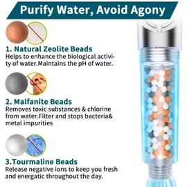 Filtered Shower Head - High Pressure Water 5 Spray Mode with Mineral Stone Beads Filter, Long Hose for Dry Skin & Hair, Stainless with on/off Switch Bathroom Rain Multi Power Wash Clean Pets