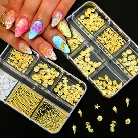 2Boxes Summer Steel Studs Metal Pearls Nail Gems Charms Metal Small Seashell Starfish Alloy Seahorse Nail Rhinestones Summer Charms for Acrylic Nail Art Marine Theme Nail Supplies for Women Manicure
