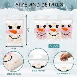 JarThenaAMCS 50 Pcs Winter Zip Lock Bags Christmas Clear Snowman Face Plastic Candy Treat Bag Resealable Goody Cookie Sealing Gift Bag with Handle for Party Favor Wrap Supplies
