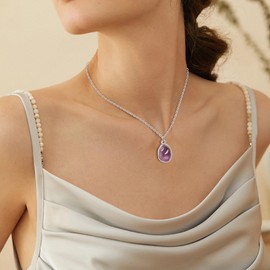 Yifnny Gemstone Pendant Necklace, Crystal Necklace Teardrop Pendant Necklace Stone Bezel Pendant Necklace Stainless Steel Adjustable Length 16 + 2 inch Jewelry Gifts for Women (Silver Purple)