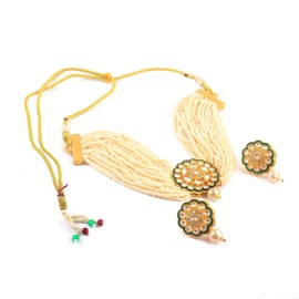 Jewar Pearl Choker beads Necklace Set Ad Cz Jewelry For Women & Girls (green beads)