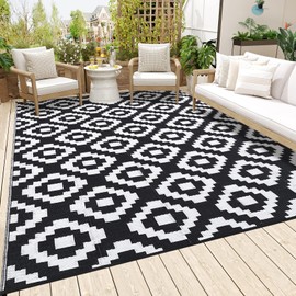 WESTLOOM Plastic Straw Rug - 5x8 Outdoor Rug Waterproof & Reversible Modern Area Rug for Patio, Deck, Beach, Camping, Backyard & RV - Durable Large Floor Outdoor Patio Rug, 5x8 ft, Square Black White