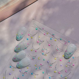 Star Nail Stickers Cherry Nail Art Stickers 5D Embossed Self Adhesive Nail Decals Line Heart Moon Women Girls Nails Design Nail Art Decals Decoration Accessories for DIY Manicure 1 Sheet