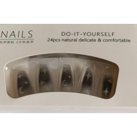 Press On Nails, Gradient Black to Gray Ombre with Star Design, Long Coffin Shape, 24