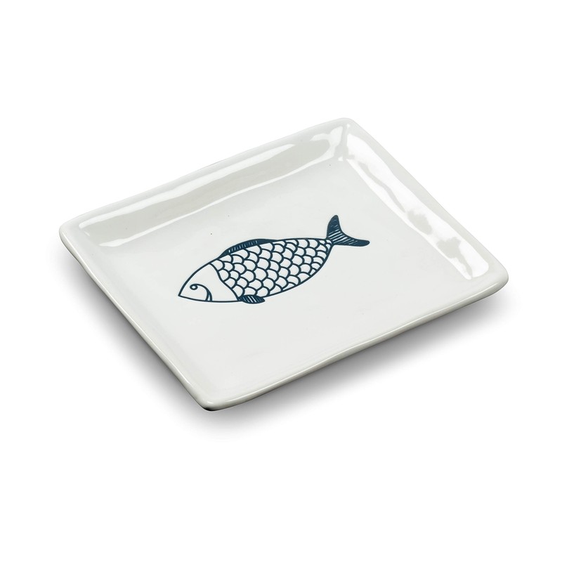 Abbott Collection 27-CORFU-550 Small Rectangle Fish Plate, 1 EA, White/Blue